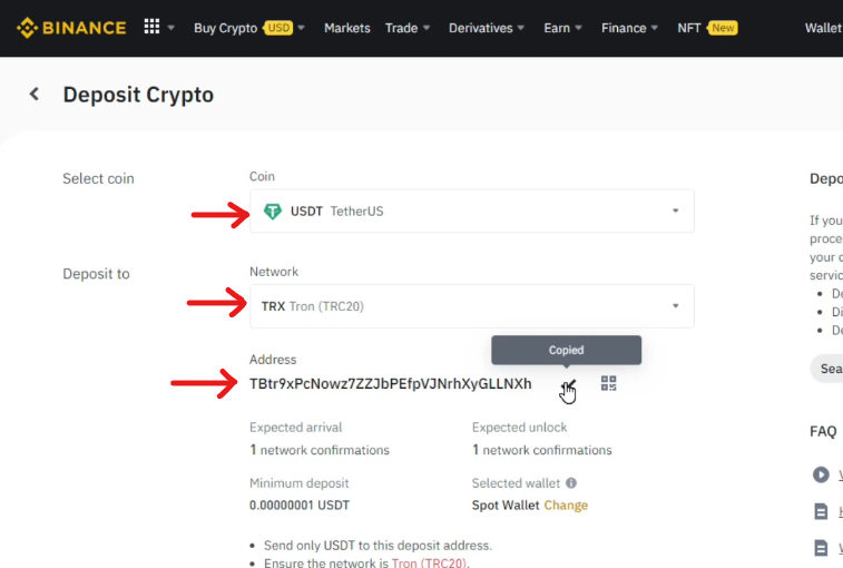 The USDT deposit required fields in Binance including network and deposit address