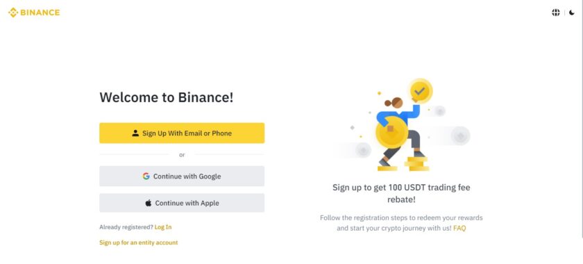 Binance website signup interface